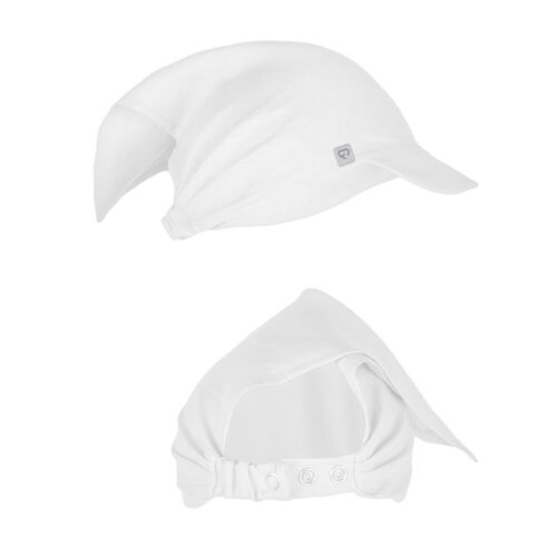 Chustka lniana z daszkiem bialy white linen baby hat background