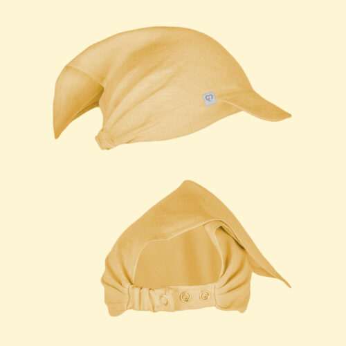 Chustka lniana z daszkiem honey miodowy linen baby hat background
