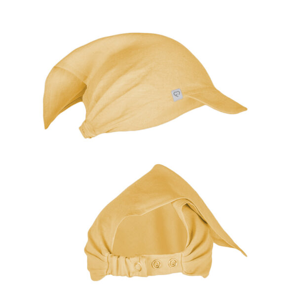 Chustka lniana z daszkiem miodowy honey yellow linen baby hat