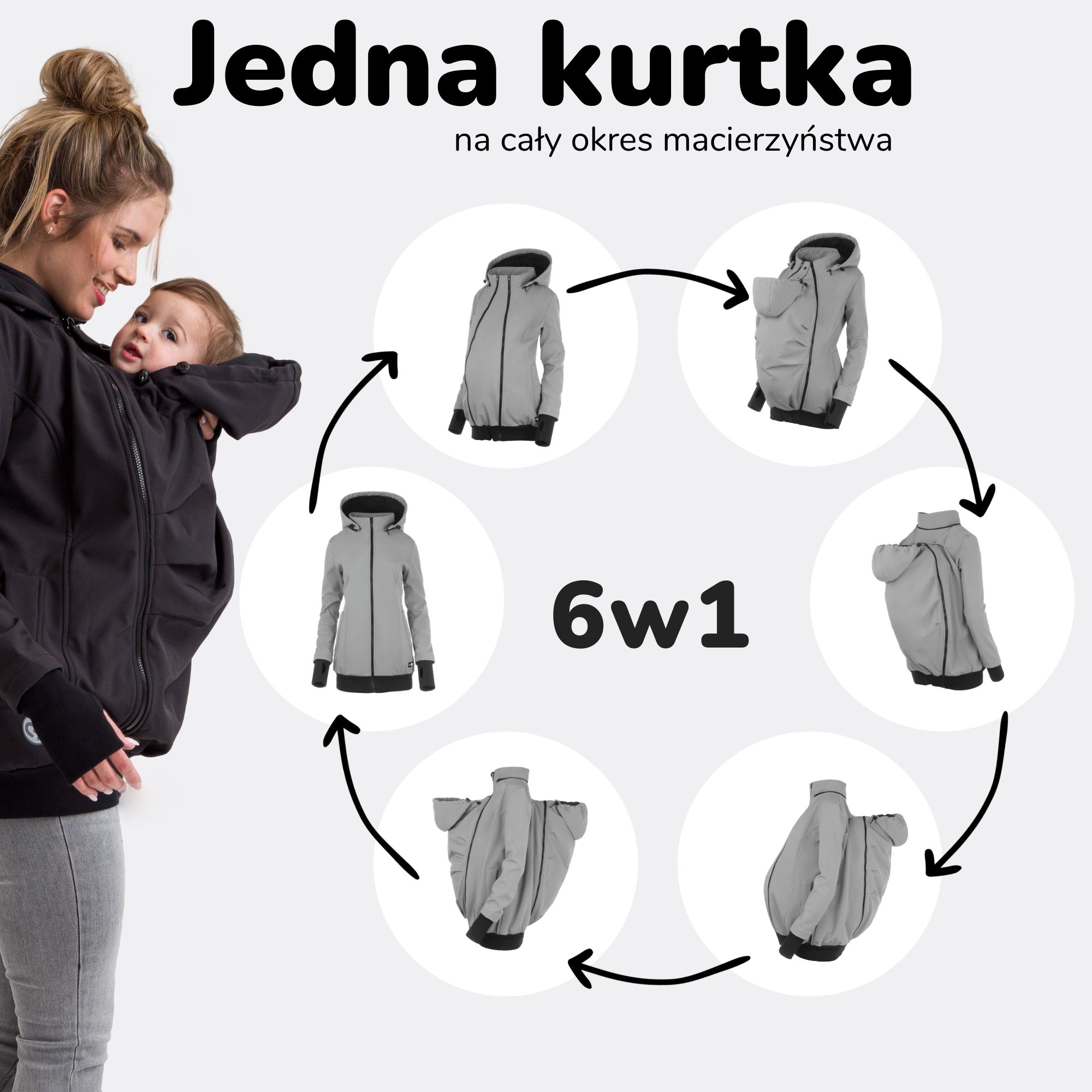 Kurtka softshell ciążowa do noszenia dziecka 6 w 1 - CZARNA | Fun2BeMum